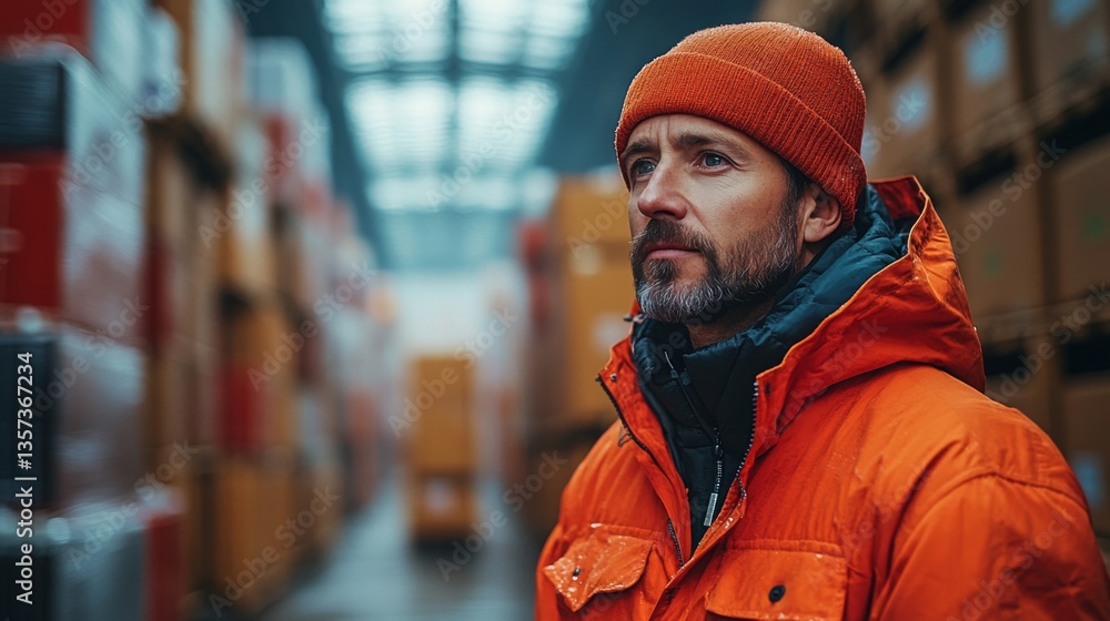 Poster a man in an orange jacket and beanie observes his surroundings in a logistics warehouse filled with 