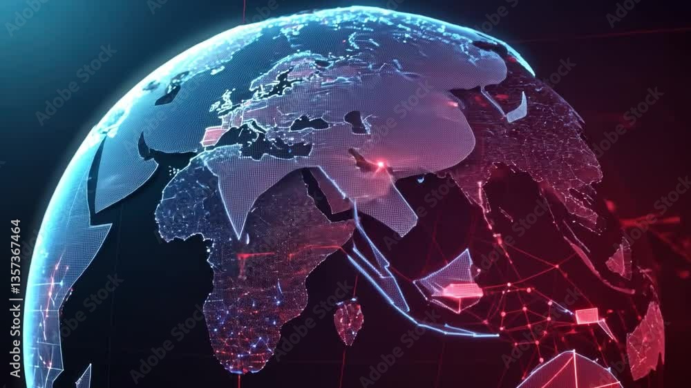 Aufkleber futuristic global network connected by digital waves highlighting europe and africa with bright red 