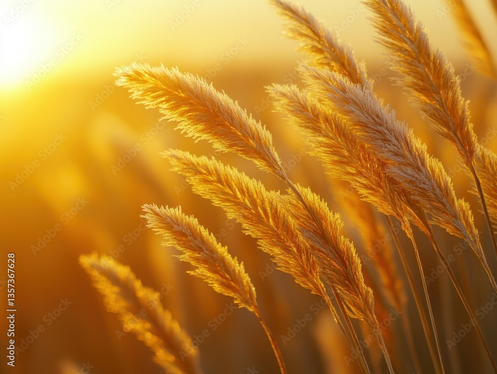 Poster golden hour illuminates frosted reeds in a tranquil field creating a warm and serene natural landsca
