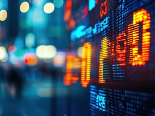 Stock market ticker on digital display with shallow depth of field and space for text on left