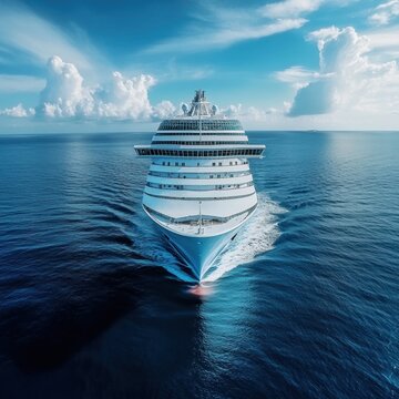 Majestic cruise ship sailing through the vast ocean under a bright blue sky with fluffy white clouds aerial view travel vacation