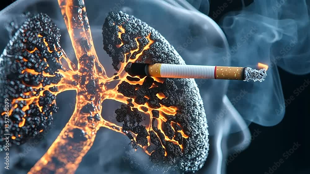 Poster a detailed d rendering of human lungs where one lung appears blackened and deteriorating while a cig