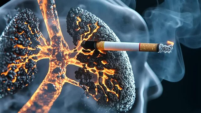 A detailed D rendering of human lungs where one lung appears blackened and deteriorating while a cigarette burns nearby, releasing more toxic smoke.