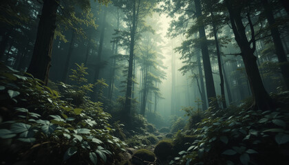 serene forest scene with tall trees, soft light filtering through canopy, and lush green foliage covering ground. atmosphere evokes sense of tranquility and connection to nature