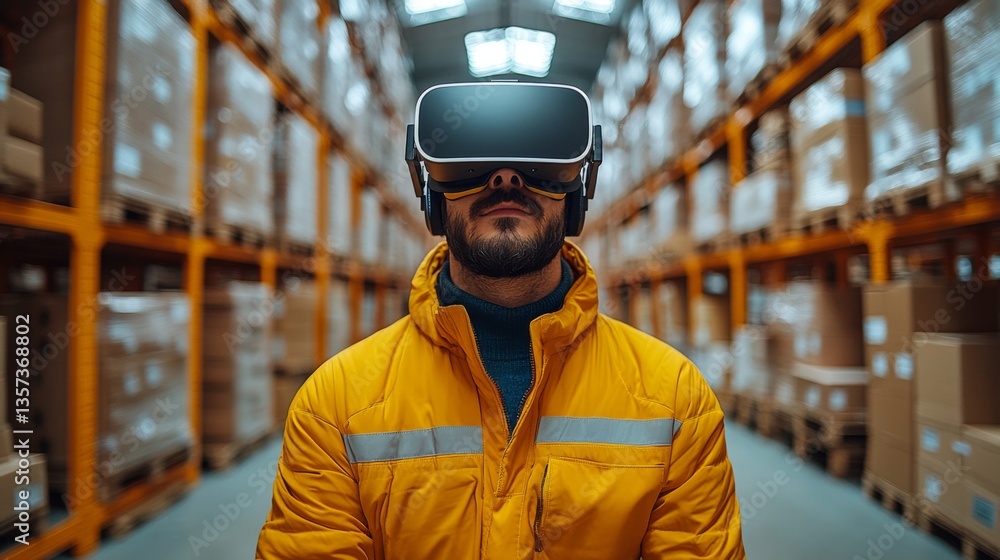 Poster A warehouse worker is wearing virtual reality goggles while standing among rows of stored cargo and stacked boxes.