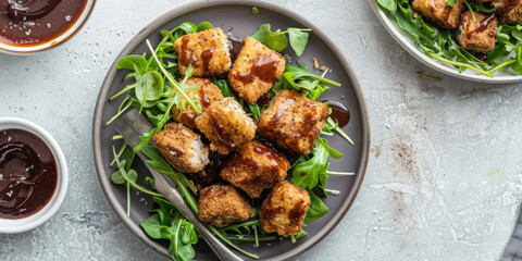 Fototapeta premium Plant-based chicken nuggets served with barbecue sauce and fresh greens on the side