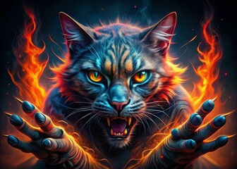 Surreal Aggressive Abstract Art: Fiery Eyes & Claws, Digital Painting