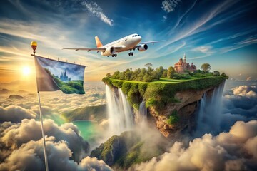 Surreal Airplane Banner Tow - Dreamlike Sky, Floating Island, Fantasy Ad