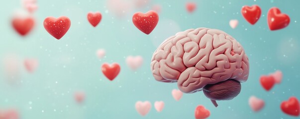 Human brain and floating hearts representing the connection to emotion