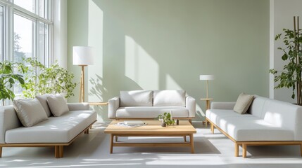 A minimalist modern living room with a light gray sofa and a soft pastel green wall