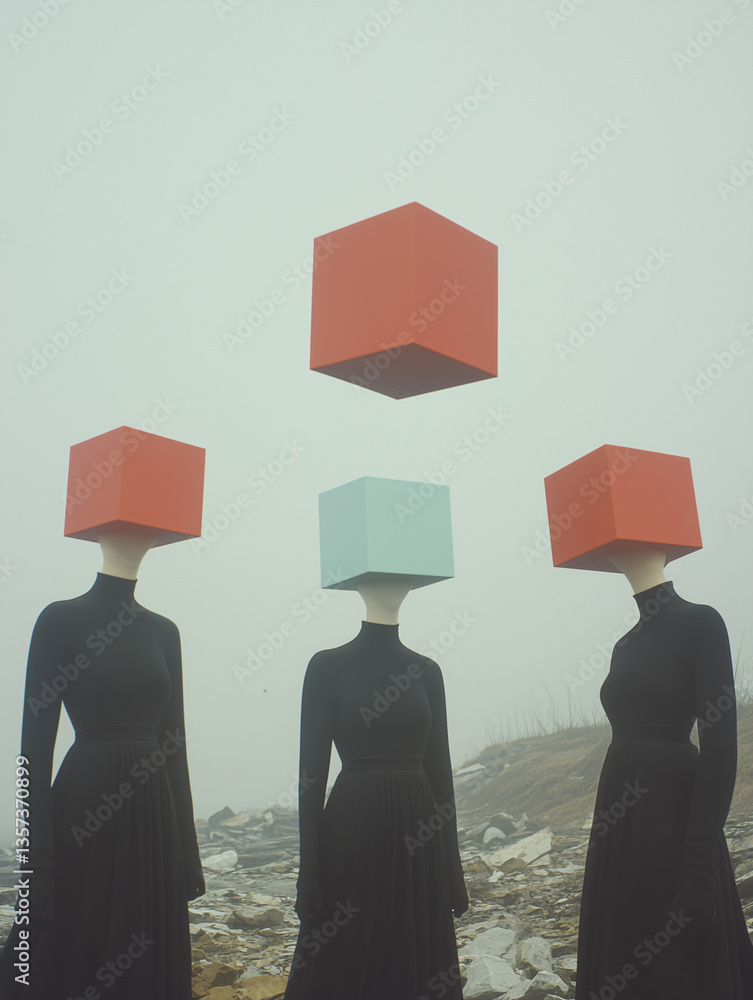 Poster surreal cubic figures in fog: three figures with cuboid heads in a foggy, dreamlike environment, add
