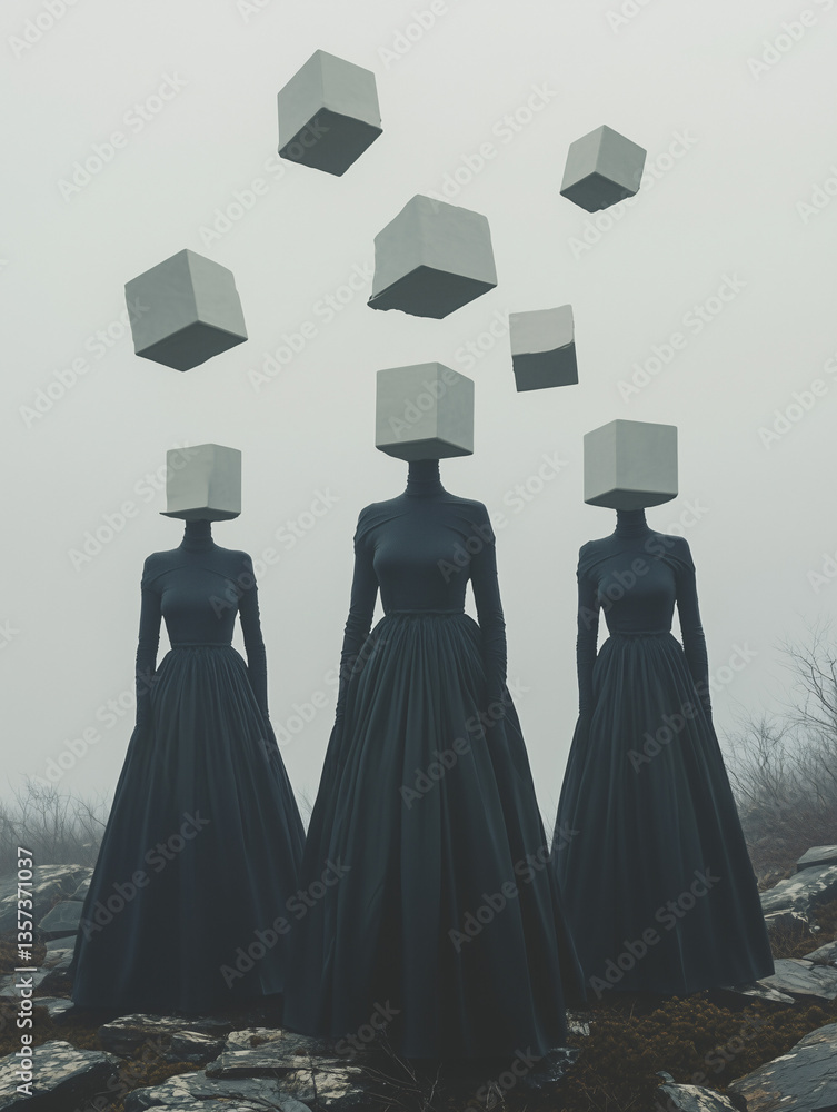 Poster abstract figures in the mist: an ethereal image presents three figures cloaked in dark attire, with 