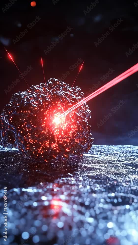 Poster dynamic red laser beams targeting a crystalline structure in a dark, high-tech environment
