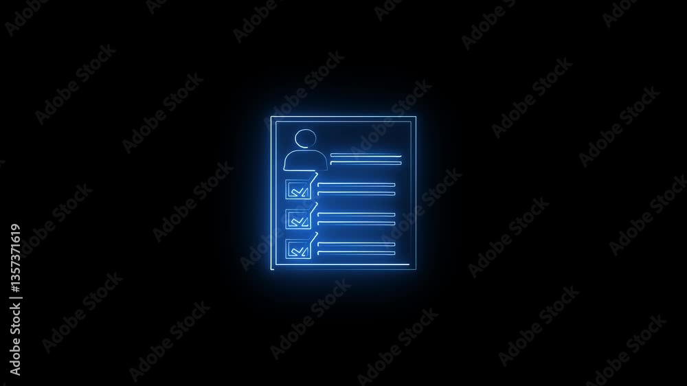 Poster glowing neon pink cyan color clipboard with checklist animation icon with black background