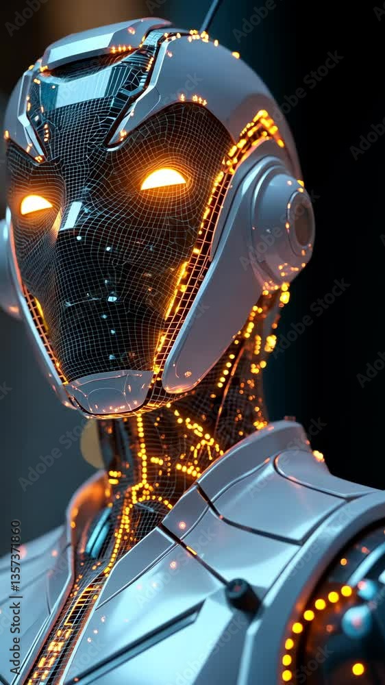 Poster futuristic robot with glowing circuits showcases advanced technology in a dimly lit environment at n