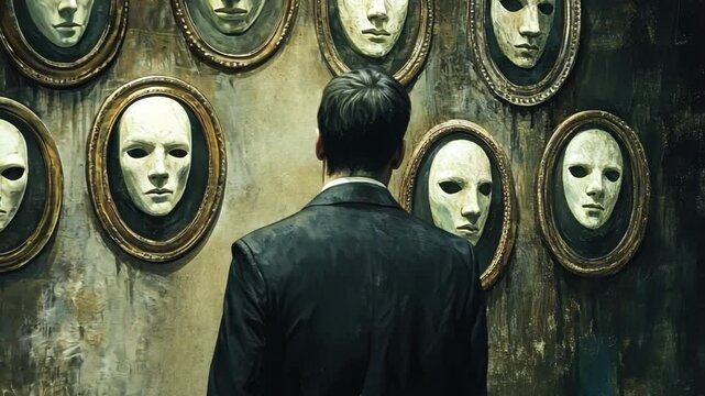 Surreal Gallery of Faces with Expressionless Masks Observed by a Thoughtful Man in a Dark Room, Evoking Themes of Identity, Isolation, and Reflection
