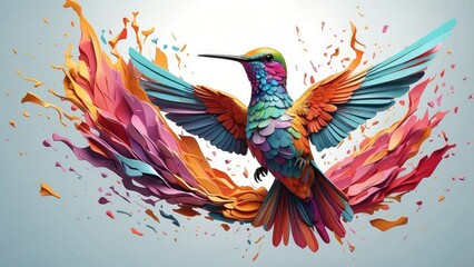 A vibrant, digitally rendered hummingbird is depicted mid-flight against a dark background