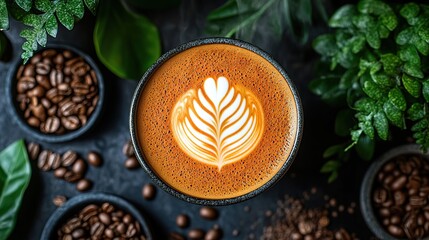 A cup of coffee with intricate latte art surrounded by coffee beans and green leaves, highlighting the artistry and freshness of coffee.