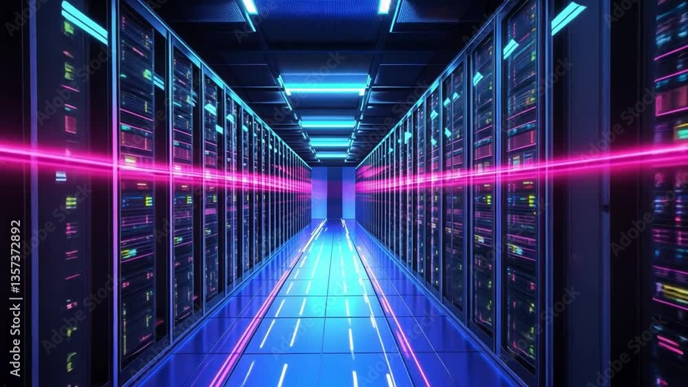 Poster futuristic data center with neon lights and high-tech server racks illuminated in blue and pink colo