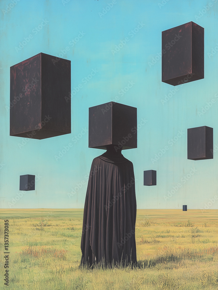 Poster surreal abstract landscape: an enigmatic figure stands in a field surrounded by floating black cubes