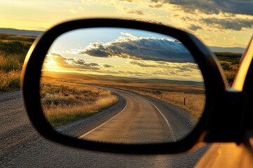 A winding road seen through a car side mirror
