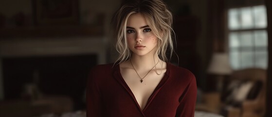 Fototapeta premium Woman in red dress with indoor portrait.
