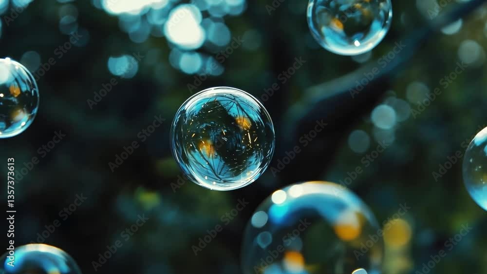 Poster beautifully captured soap bubbles floating in a lush green environment with soft sunlight reflection