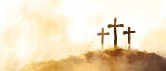 gold & beige, artistic religious background: 3 crosses standing on the hill, illuminated by warm light; concept of golgotha mountain, calvary, jesus christ sacrifice & resurrection; empty copy space