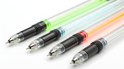 Futuristic pens with sleek transparent bodies and vibrant ink colors create modern writing experience, perfect for creative tasks