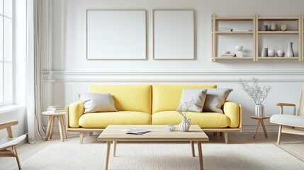 A minimalist Scandinavian living room with a cheerful yellow sofa against a backdrop of clean white walls