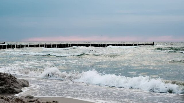 Seagulls Flying Over The Wooden Groynes While The Amazing Seascape At Baltica Being Illuminated A Pink Sunset