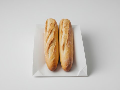 Two freshly baked golden baguettes resting on white paper a culinary delight perfect for breakfast or lunch in a bright setting