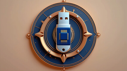 Contemporary Heraldic Emblem – USB Stick and Microchip Symbolizing Digital Strength, Human Connection, and Memory with Warm Geometric Design