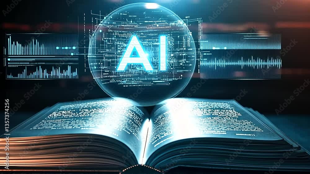 Poster an open leather-bound book with softly glowing pages, and a floating holographic ai symbol above, ca