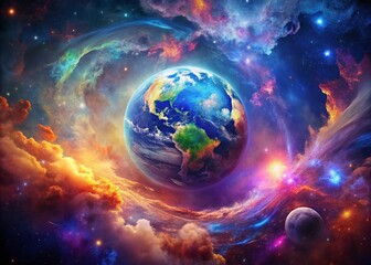 Obraz premium Surreal Floating Earth Globe, Cosmic Dust, Galaxy Background, Whimsical Planet