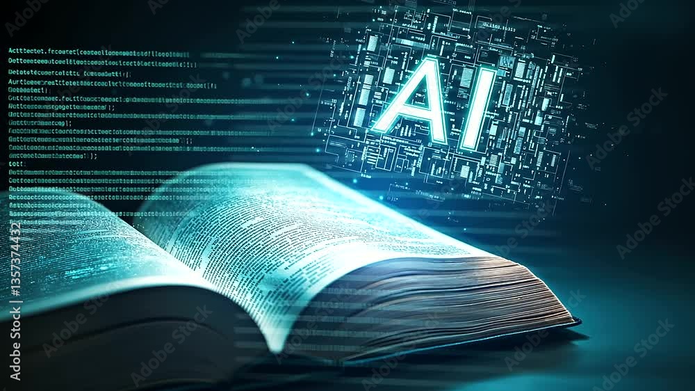 Poster a glowing open book with pages gently turning, as a futuristic ai hologram of the letters ai floats 