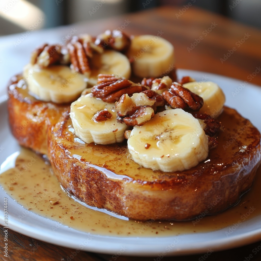 Poster delicious french toast with banana slices and pecan nuts drizzled with maple syrup on a white plate 