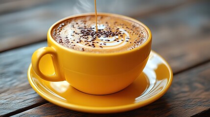 Yellow coffee cup with coffee being poured in, featuring latte art and cocoa sprinkles, highlighting the charm of coffee presentation.