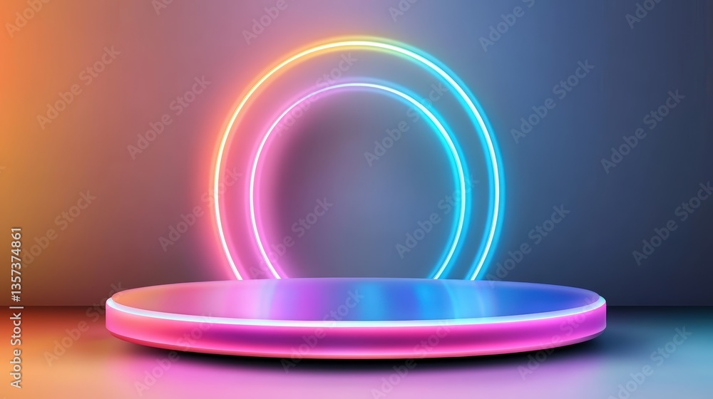 Poster vibrant circular platform illuminated by neon s in pink blue and orange against a stunning gradient 