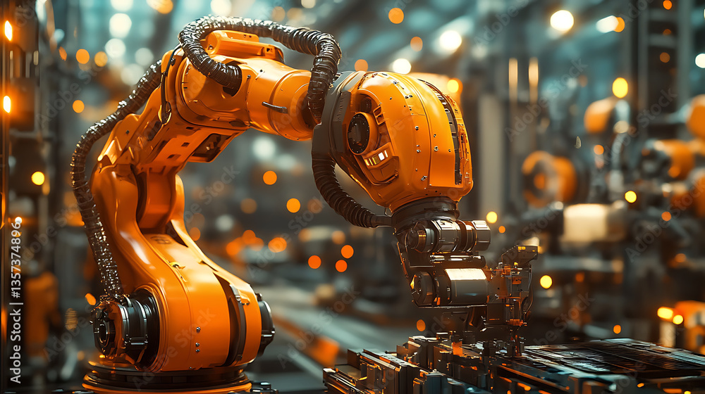Poster robotic arm industrial setting showcases advanced automation technology, efficiently handling materi