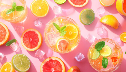 Refreshing citrus drinks with ice and mint. Close-up overhead shot of four glasses filled with citrus fruit drinks, garnished with mint and ice. The glasses are arranged on a pink background