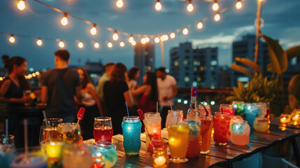 Rooftop party with colorful cocktails under string lights, festive atmosphere