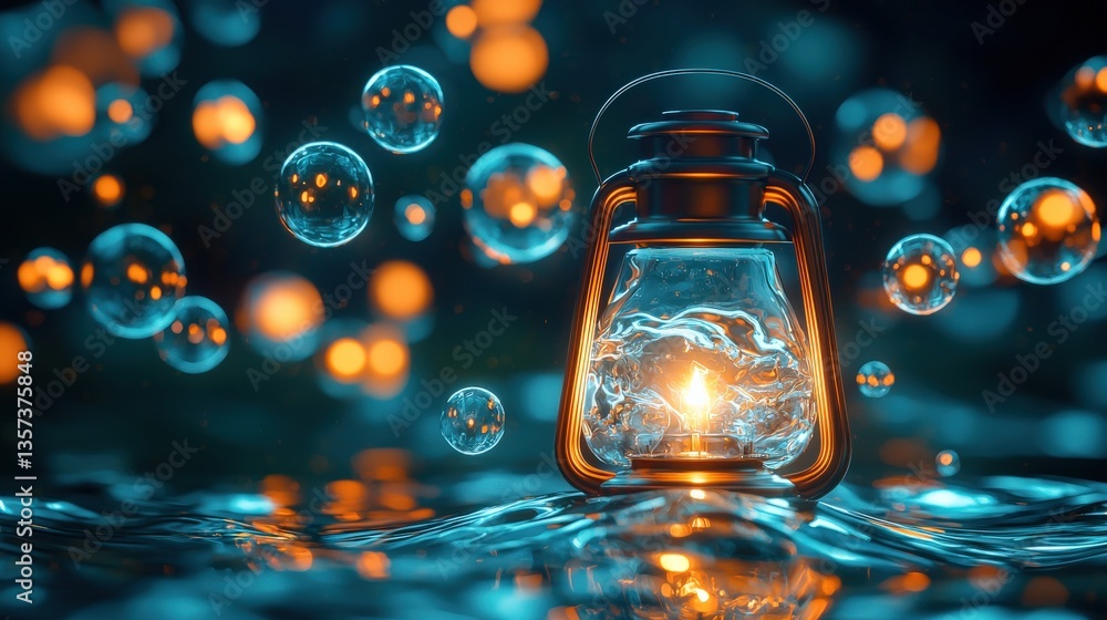 Poster a lantern illuminating a river of floating speech bubbles, symbolizing a flow of thoughts