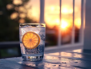Glass of sparkling water with a lemon slice on an outdoor table against a sunset backdrop, exuding a relaxing and serene vibe.