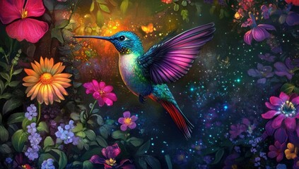 A Colorful Hummingbird Flying Among Beautiful Flowers In A Garden