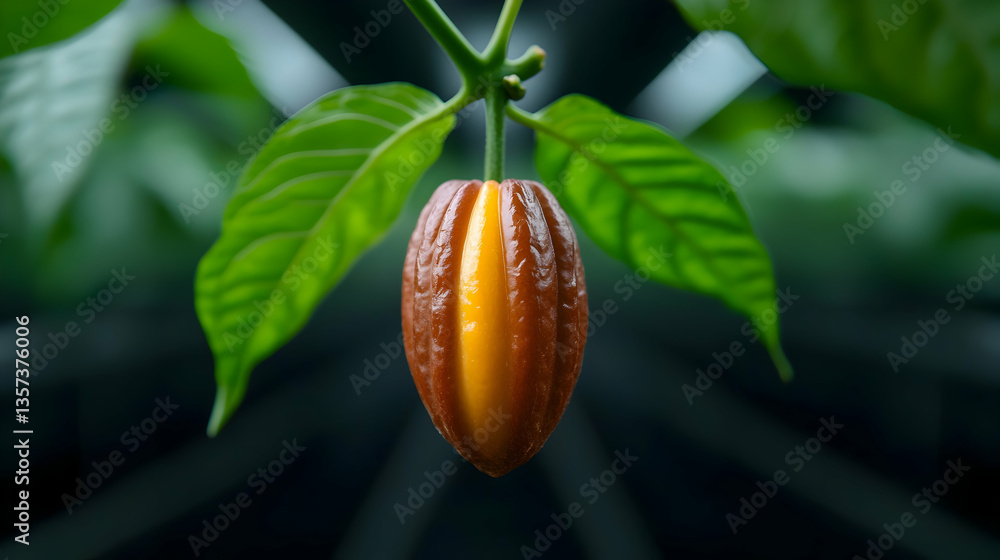 Poster close-up view of cacao pod and cocoa beans