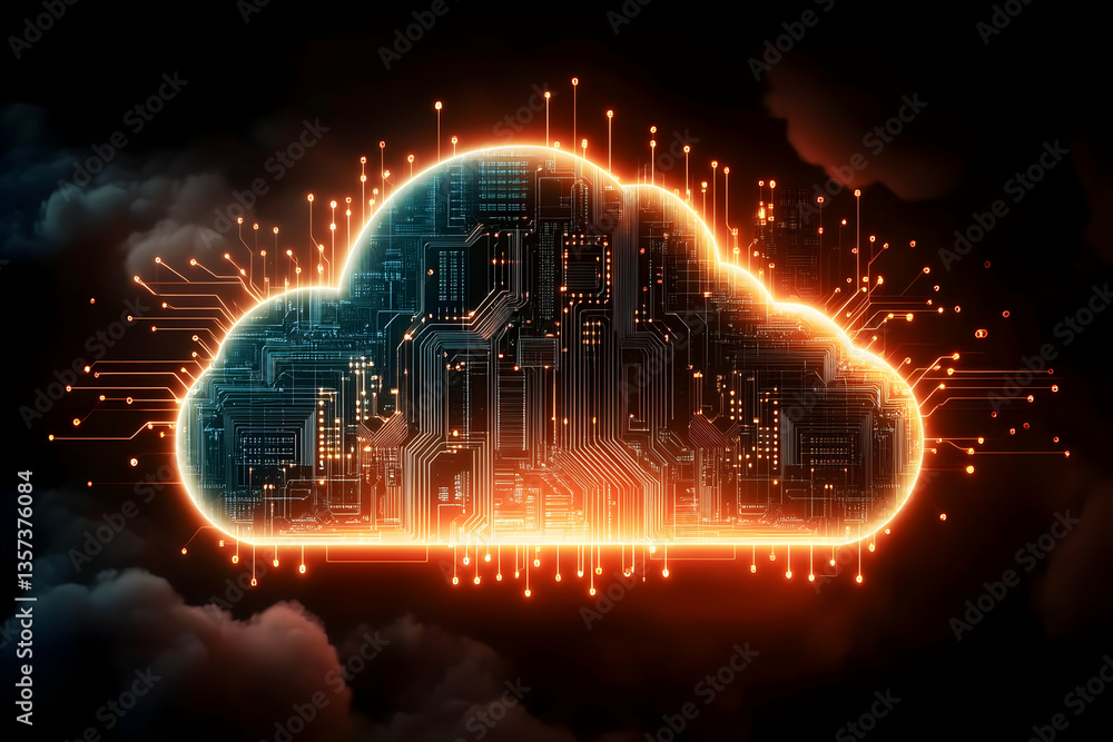Poster a stunning digital illustration of a glowing cloud with circuit patterns, representing data storage 
