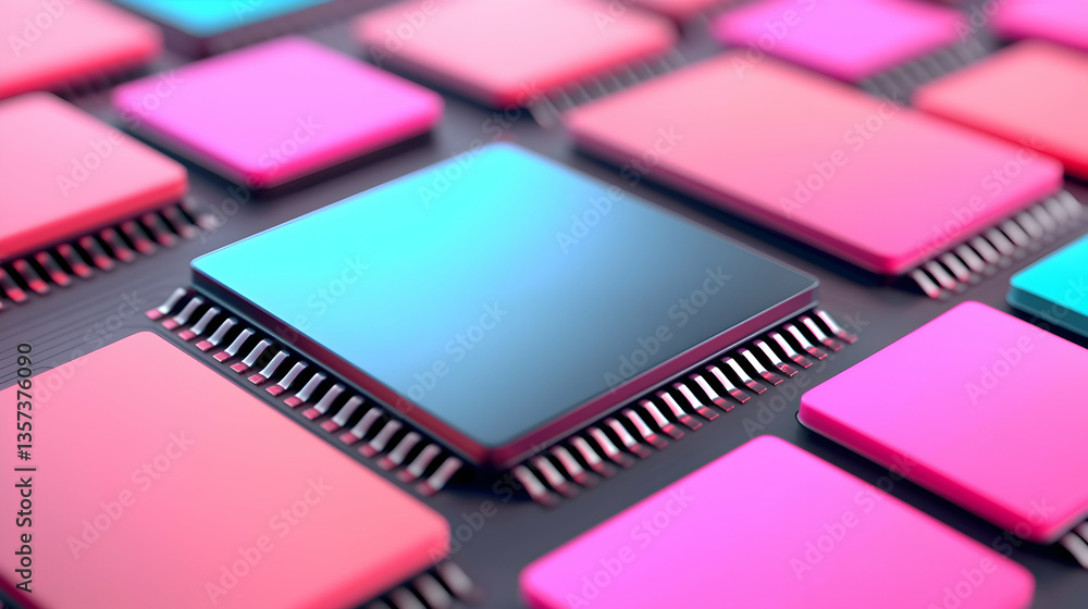 Poster close-up view of colorful microchips on circuit board