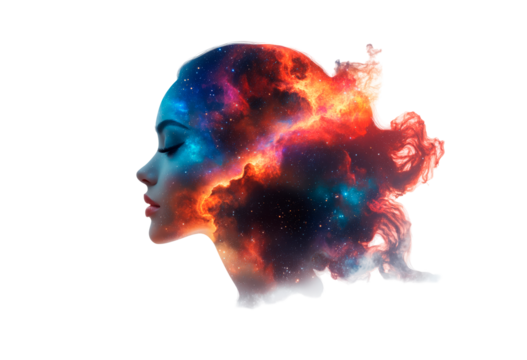Portrait of a woman blending with vibrant galaxy and nebula elements isolated on transparent background