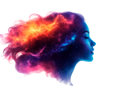 Woman's silhouette with cosmic elements isolated on transparent background